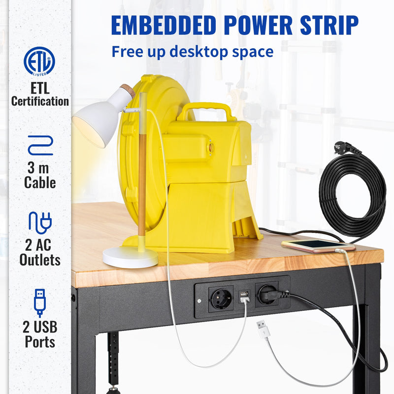 VEVOR augstuma regulējams darba galds, 1350 × 460 mm, augstums 720–970 mm, kravnesība 900 kg, ar rozetēm, cietkoka virsmu, metāla rāmi un kāju spilventiņiem, piemērots birojam, mājai un garāžai