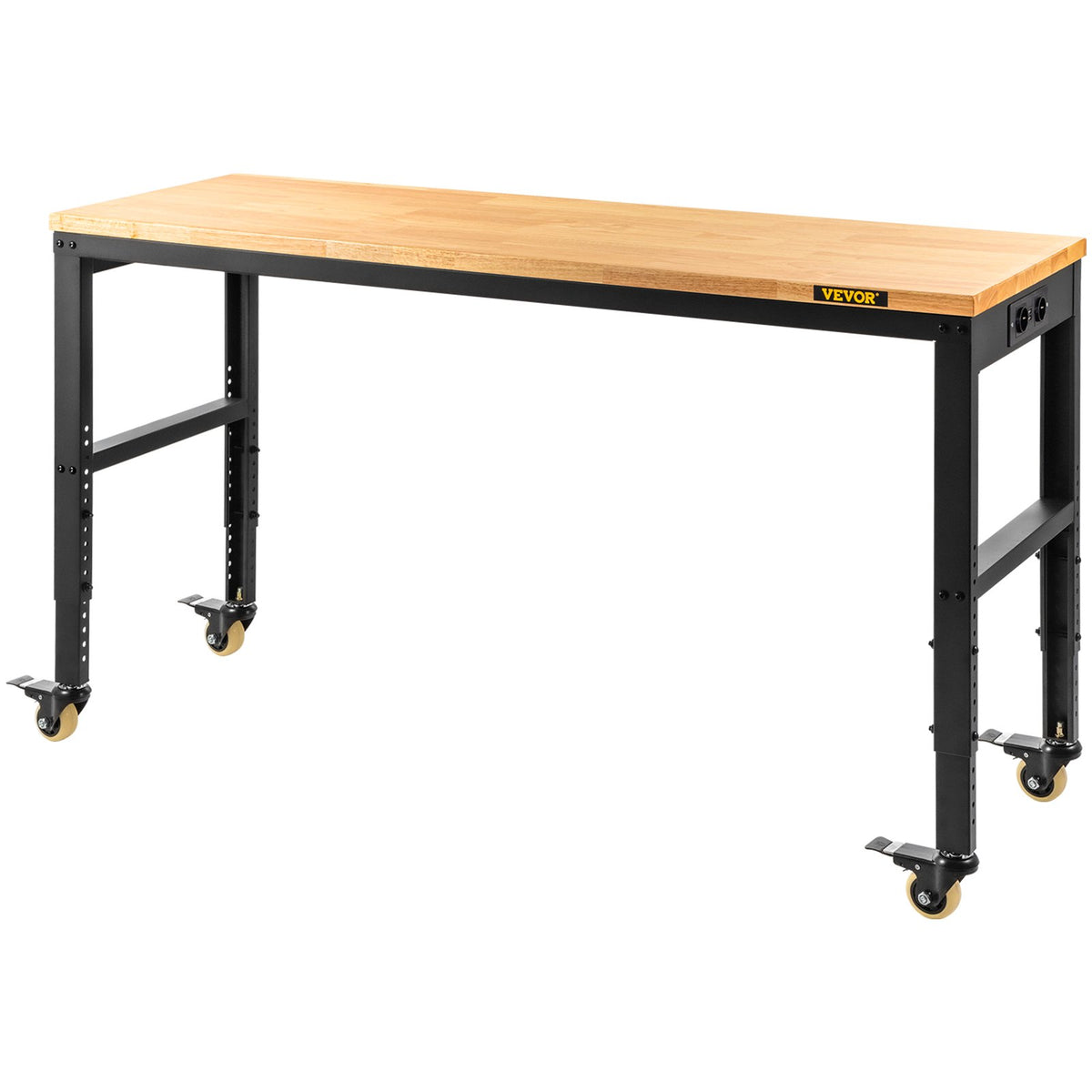 VEVOR Height-Adjustable Work Table, 1550 × 510 mm, Height 800–1050 mm, Load Capacity 720 kg, with Power Outlets, Solid Wood Top, Metal Frame and Castors, Suitable for Office, Home and Workshop