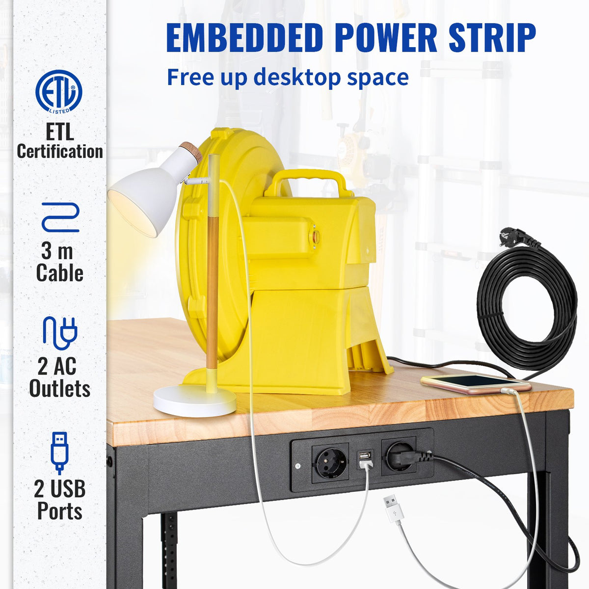 VEVOR Height-Adjustable Work Table, 1550 × 510 mm, Height 800–1050 mm, Load Capacity 720 kg, with Power Outlets, Solid Wood Top, Metal Frame and Castors, Suitable for Office, Home and Workshop