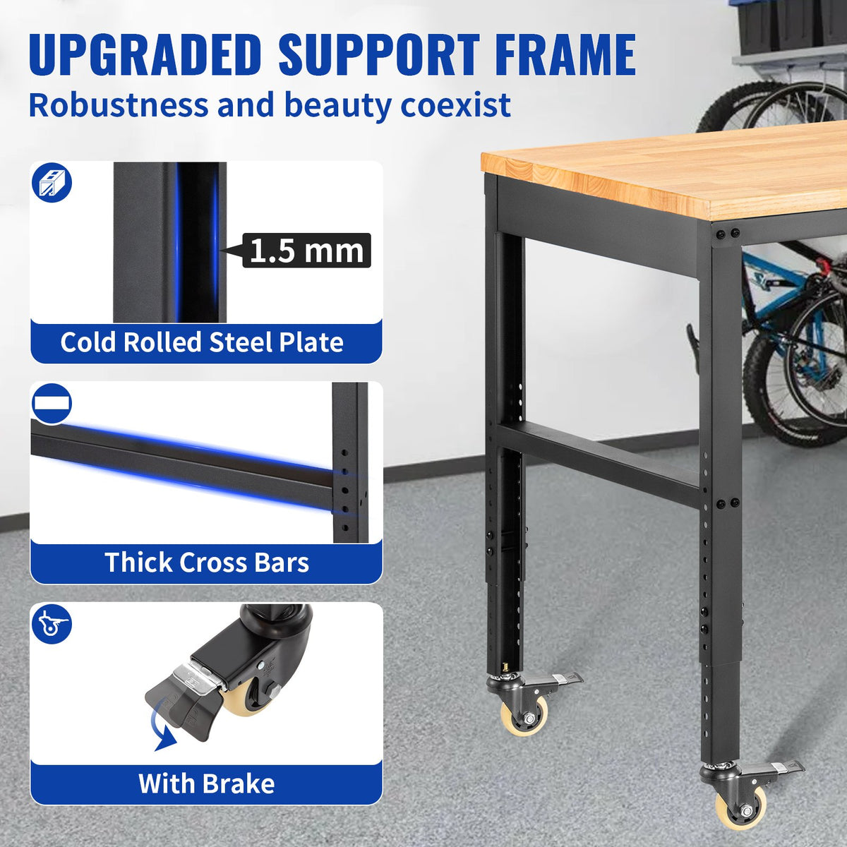 VEVOR Height-Adjustable Work Table, 1550 × 510 mm, Height 800–1050 mm, Load Capacity 720 kg, with Power Outlets, Solid Wood Top, Metal Frame and Castors, Suitable for Office, Home and Workshop