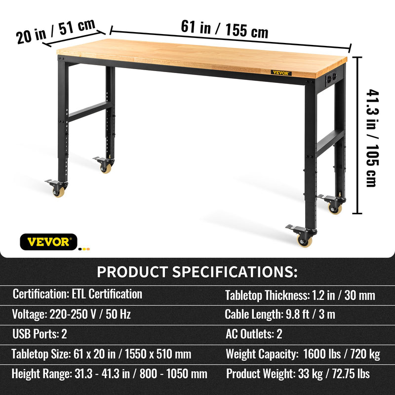 VEVOR darba galds ar regulējamu augstumu, 155x51x105 cm, izturība 720 kg, ar strāvas kontaktligzdām, cieto koka virsmu, metāla rāmi un riteņiem, piemērots birojam un mājai