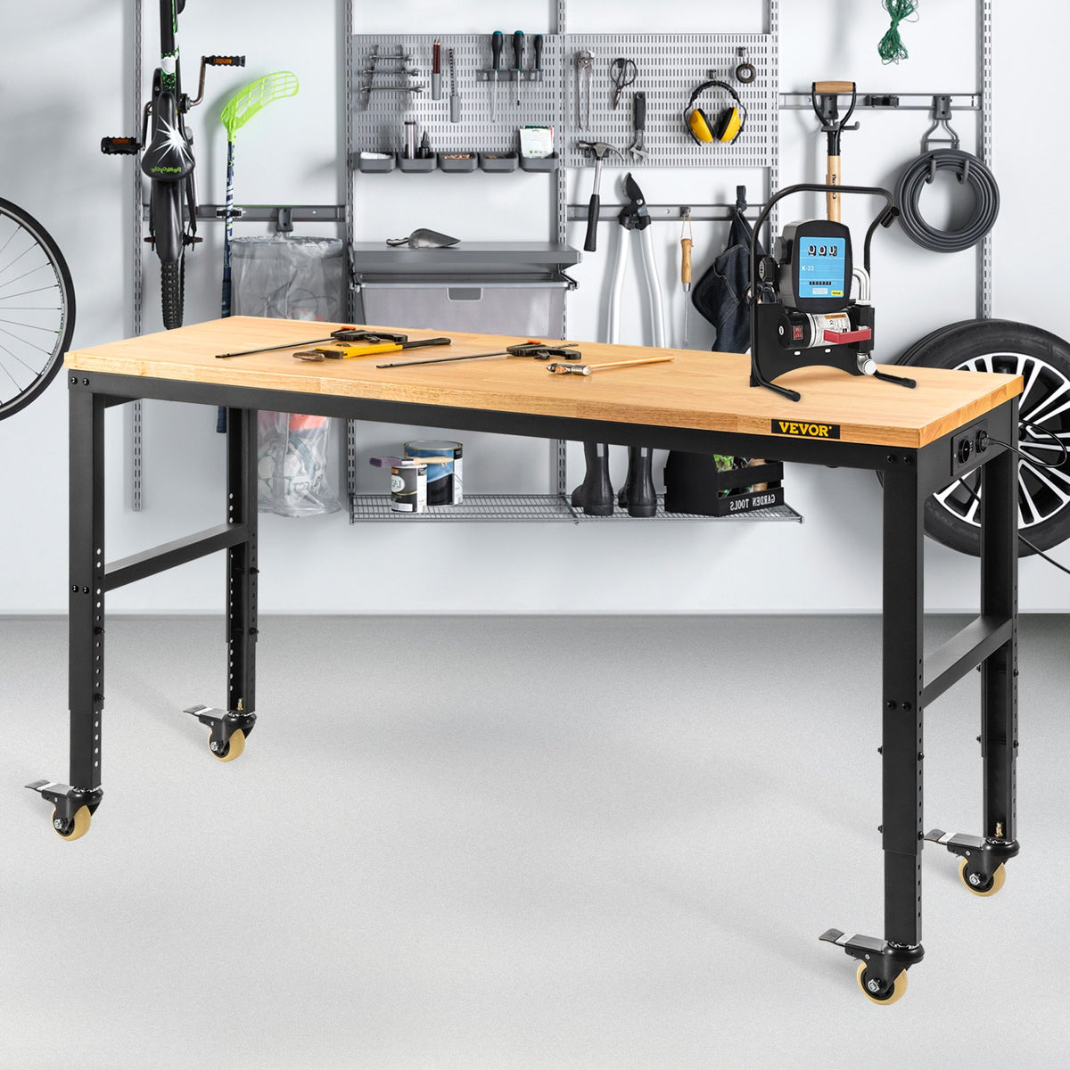 VEVOR Height-Adjustable Work Table, 1550 × 510 mm, Height 800–1050 mm, Load Capacity 720 kg, with Power Outlets, Solid Wood Top, Metal Frame and Castors, Suitable for Office, Home and Workshop