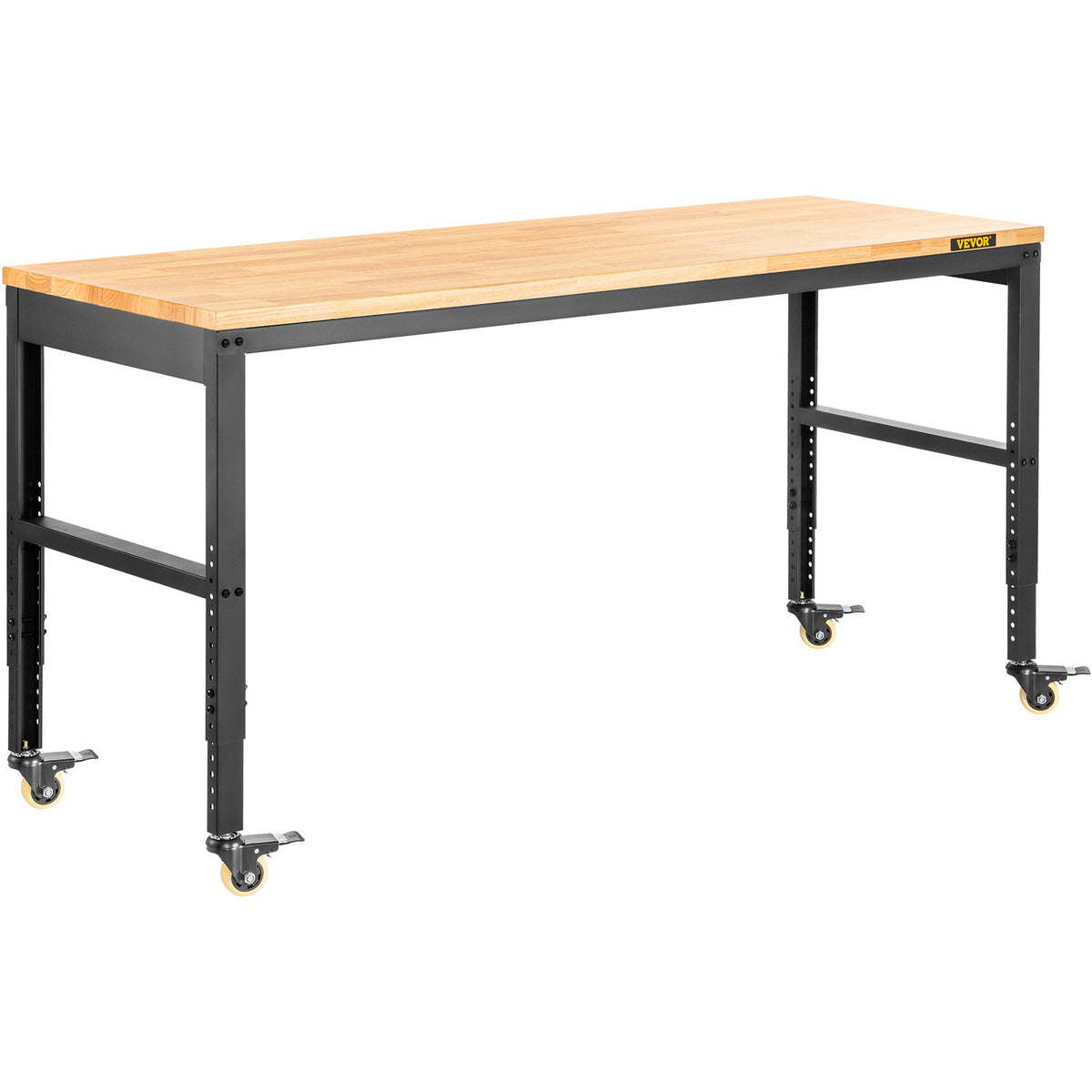 VEVOR Height-Adjustable Work Table, 122 x 51 cm x 79-104 cm Height, 720 kg Load Capacity, with Power Outlets, Solid Wood Top, Steel Frame and Caster Wheels, Suitable for Office and Home