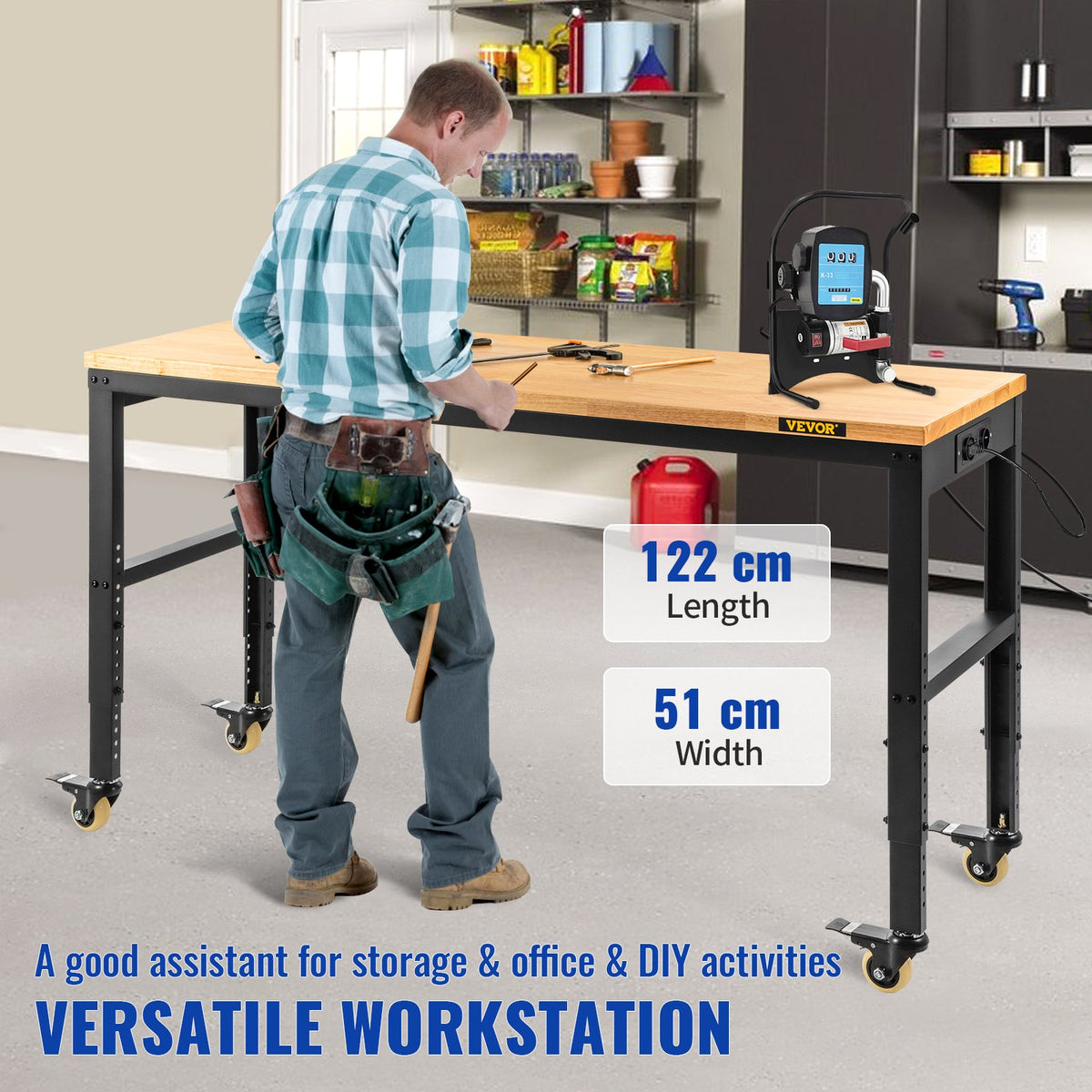 VEVOR Height-Adjustable Work Table, 122 x 51 cm x 79-104 cm Height, 720 kg Load Capacity, with Power Outlets, Solid Wood Top, Steel Frame and Caster Wheels, Suitable for Office and Home