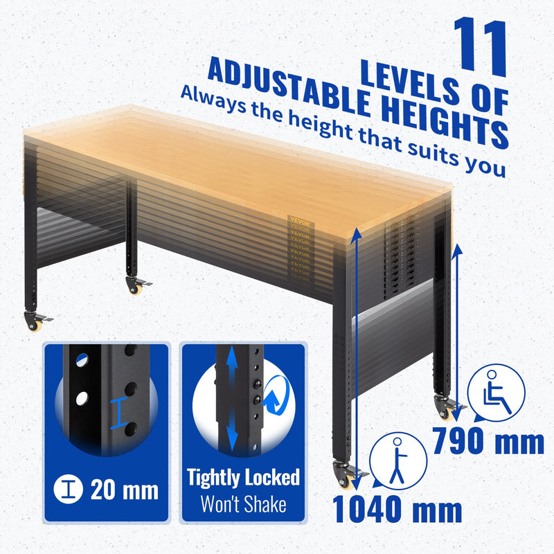 VEVOR darba galds ar regulējamu augstumu, 122 x 51 cm x 79-104 cm augstums, 720 kg slodzes kapacitāti, ar strāvas kontaktligzdām, cieta koka virsmu, tērauda rāmi un rotējošiem riteņiem, piemērots birojam un mājai