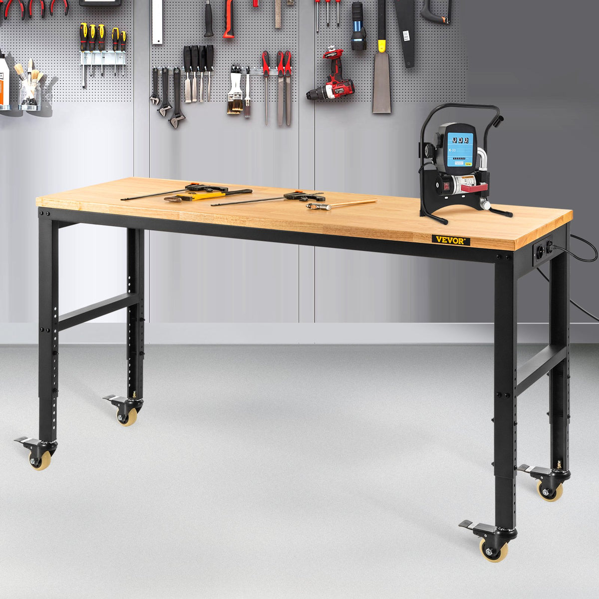 VEVOR Height-Adjustable Work Table, 122 x 51 cm x 79-104 cm Height, 720 kg Load Capacity, with Power Outlets, Solid Wood Top, Steel Frame and Caster Wheels, Suitable for Office and Home