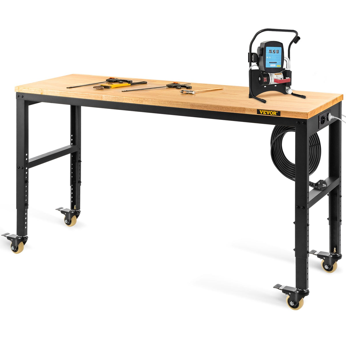 VEVOR Height-Adjustable Work Table, 122 cm x 61 cm x 104 cm, 720 kg Load Capacity, with Power Outlets, Solid Wood Top, Metal Frame and Wheels, Suitable for Office and Home