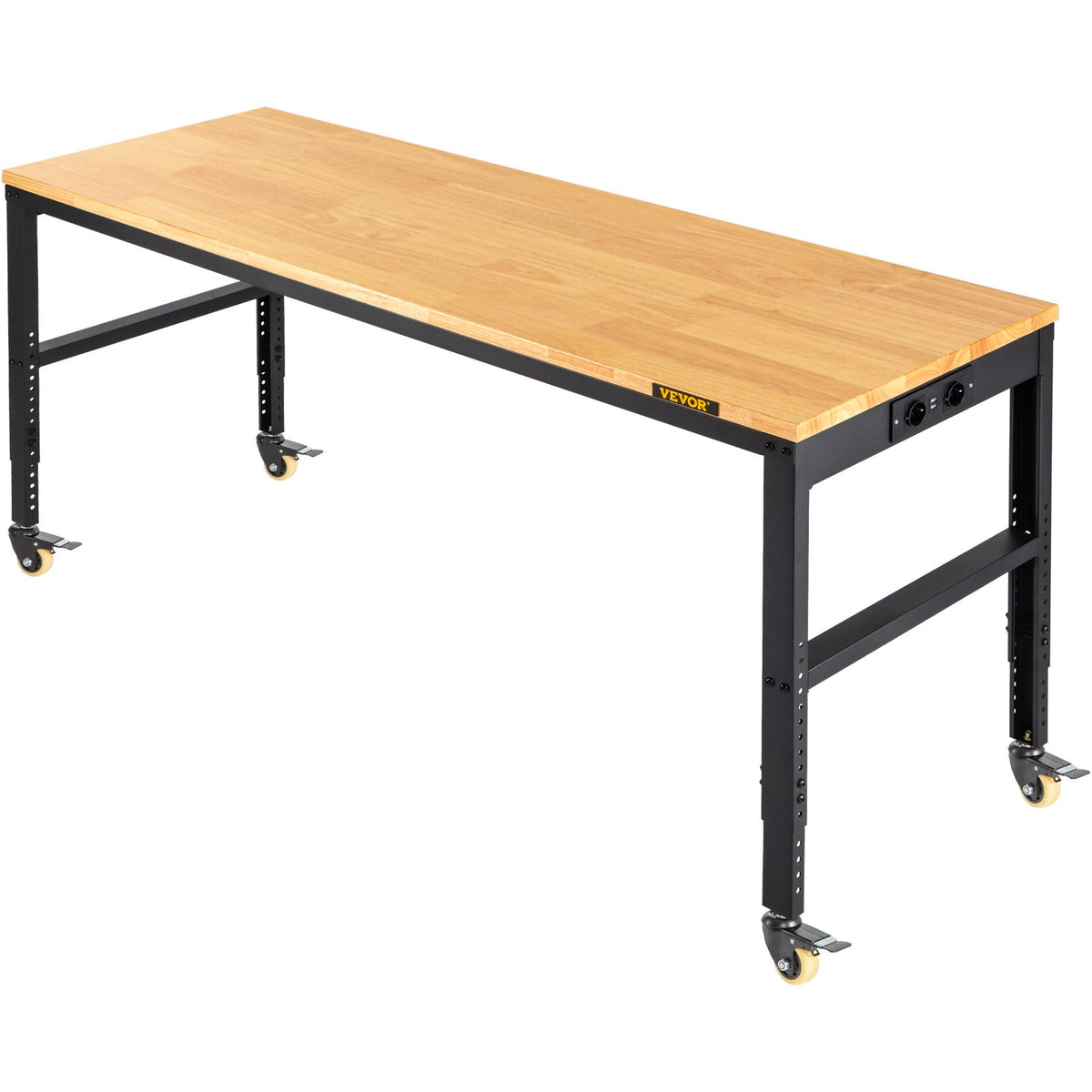 VEVOR Height-Adjustable Work Table, 122 cm x 61 cm x 104 cm, 720 kg Load Capacity, with Power Outlets, Solid Wood Top, Metal Frame and Wheels, Suitable for Office and Home