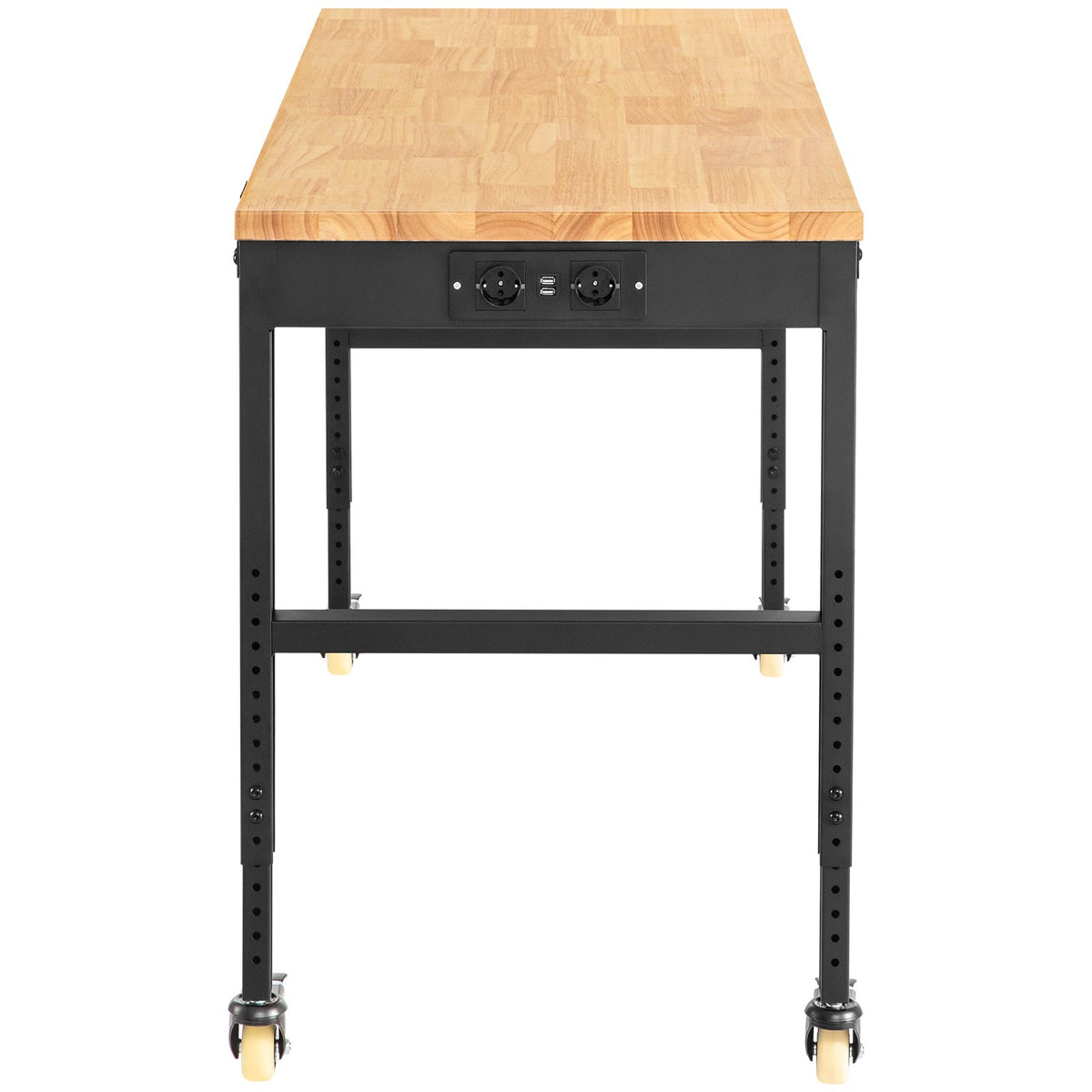 VEVOR Height-Adjustable Work Table, 122 cm x 61 cm x 104 cm, 720 kg Load Capacity, with Power Outlets, Solid Wood Top, Metal Frame and Wheels, Suitable for Office and Home