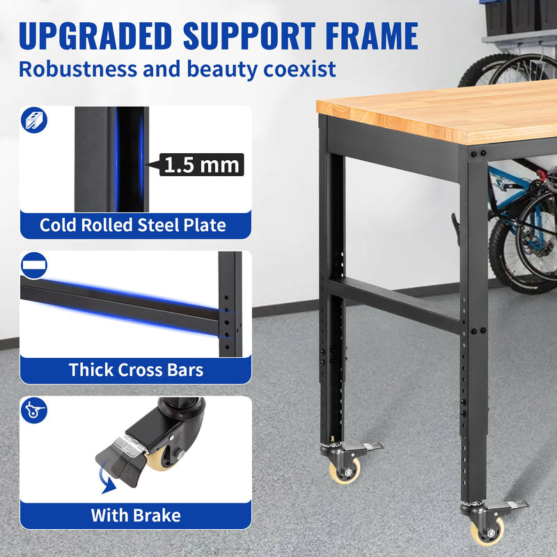 VEVOR darba galds ar regulējamu augstumu, 122 cm x61 cm x104 cm, izturība 720 kg, ar strāvas kontaktligzdām, cieto koka virsmu, metāla rāmi un riteņiem, piemērots birojam un mājai