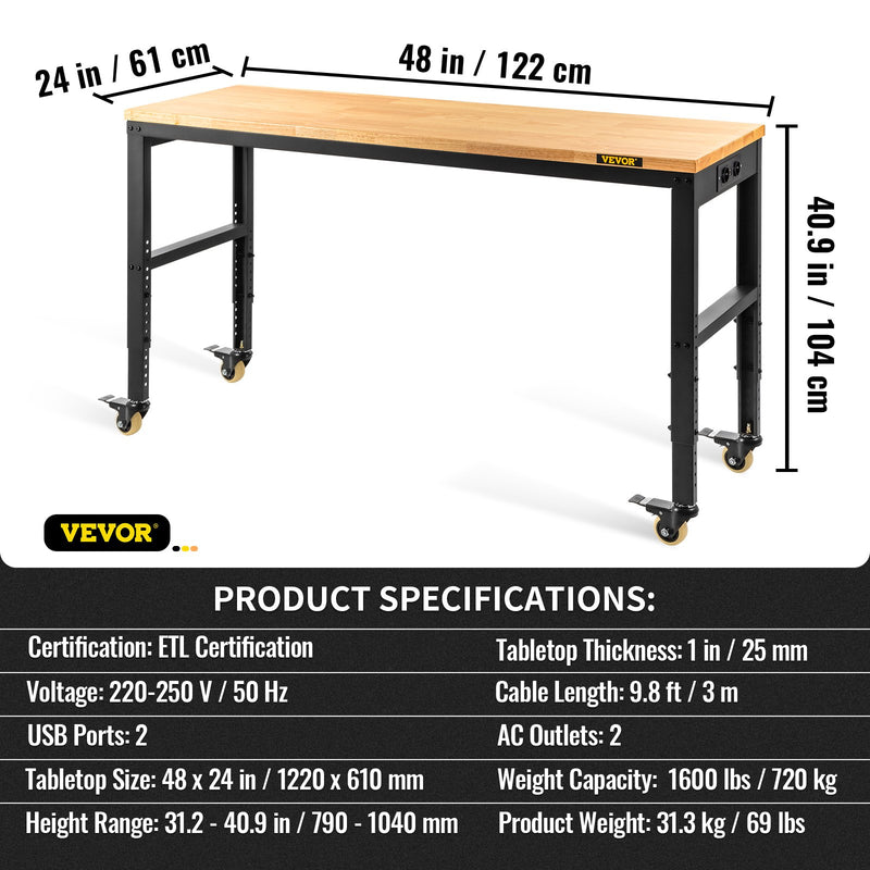 VEVOR darba galds ar regulējamu augstumu, 122 cm x61 cm x104 cm, izturība 720 kg, ar strāvas kontaktligzdām, cieto koka virsmu, metāla rāmi un riteņiem, piemērots birojam un mājai