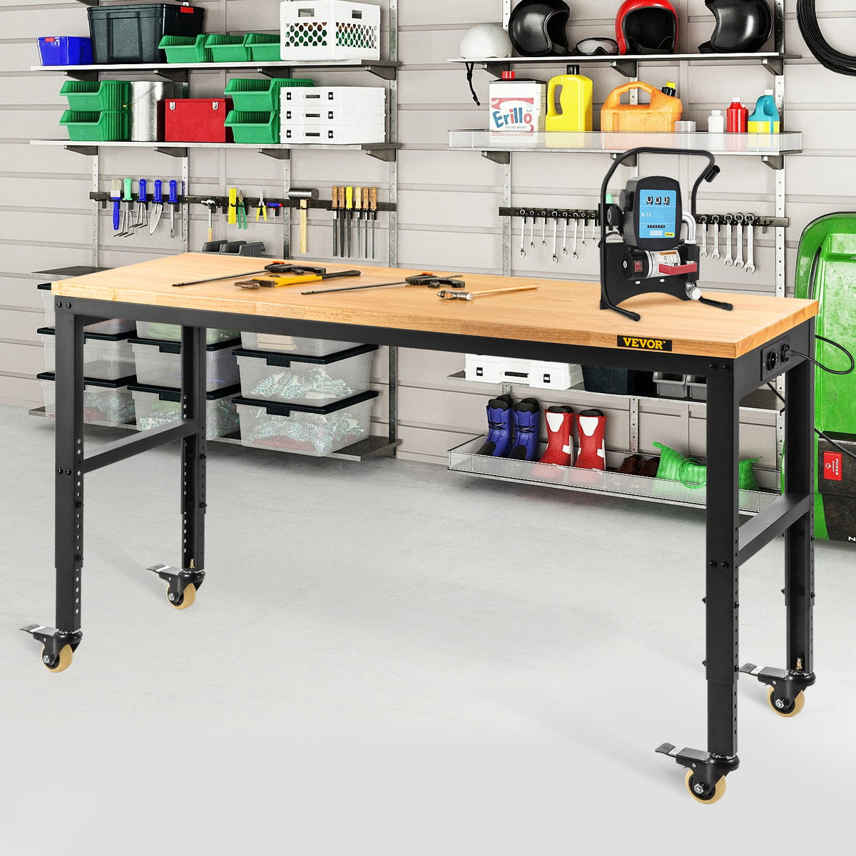 VEVOR Height-Adjustable Work Table, 122 cm x 61 cm x 104 cm, 720 kg Load Capacity, with Power Outlets, Solid Wood Top, Metal Frame and Wheels, Suitable for Office and Home