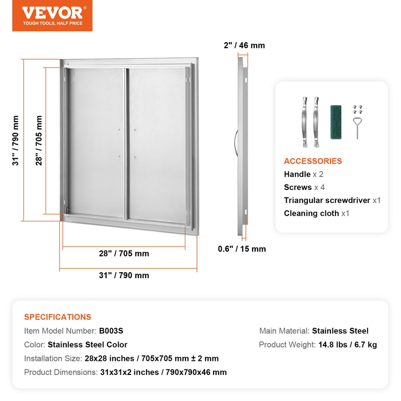 VEVOR BBQ Durvis, 790x790 mm, Nerūsējošā Tērauda, Iegriezta Montāža ar Rokturiem