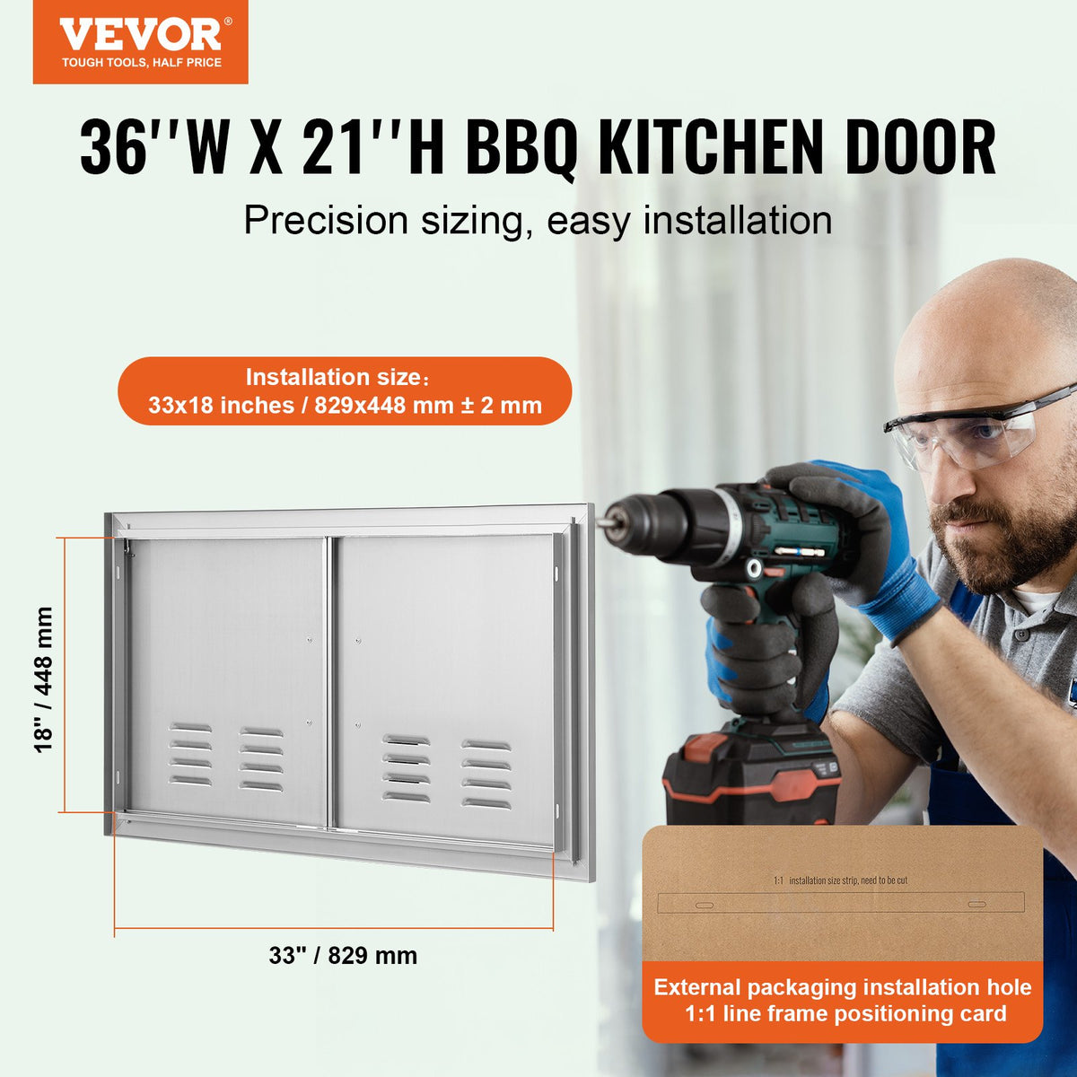 VEVOR BBQ Access Door, 914 x 534 mm, Stainless Steel, Double Door with Handles and Vents, for Outdoor Cabinet and Grill Station
