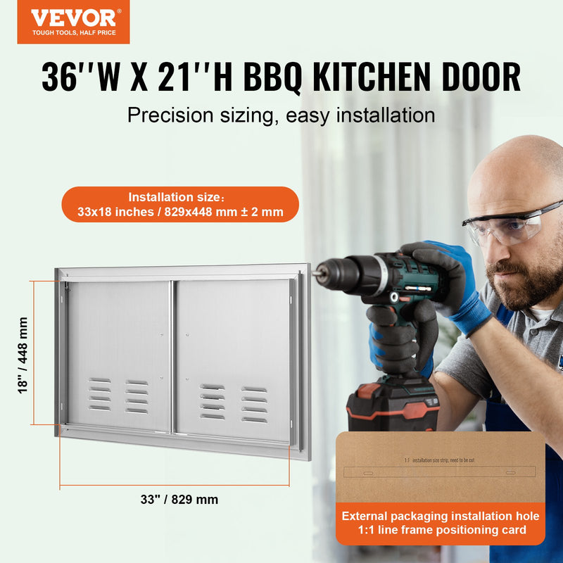 VEVOR BBQ piekļuves durvis, 914 x 534 mm, nerūsējošā tērauda, dubultās durvis ar rokturiem un ventilācijām, āra skapim un grila stacijai