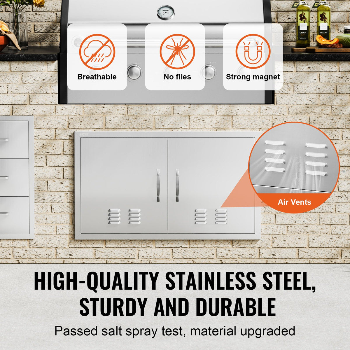 VEVOR BBQ Access Door, 914 x 534 mm, Stainless Steel, Double Door with Handles and Vents, for Outdoor Cabinet and Grill Station