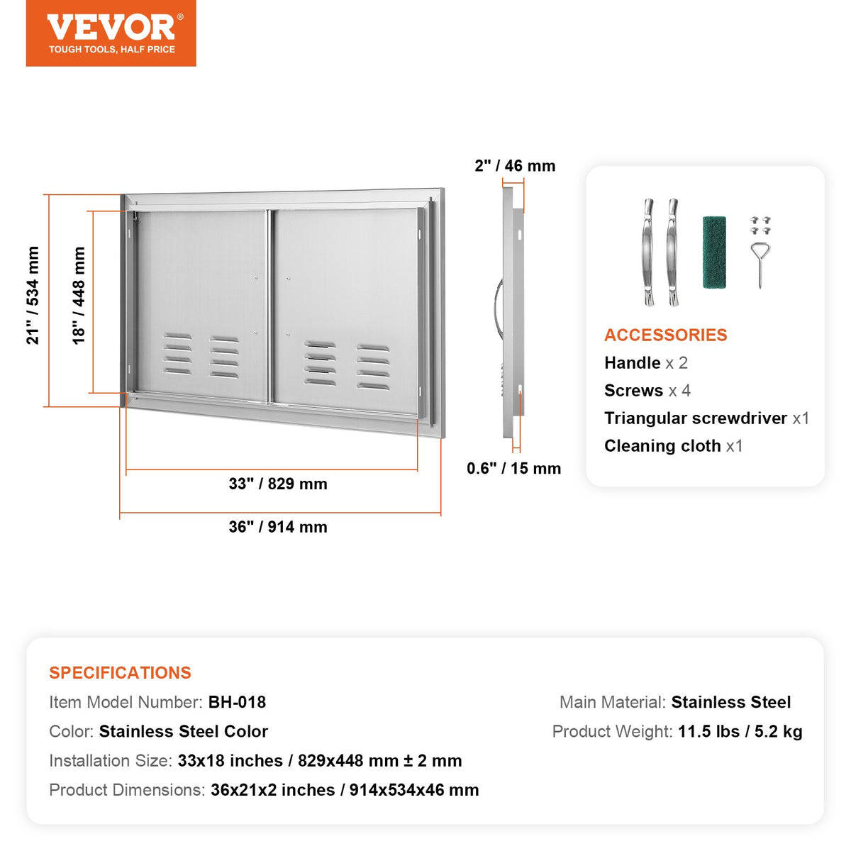 VEVOR BBQ Access Door, 914 x 534 mm, Stainless Steel, Double Door with Handles and Vents, for Outdoor Cabinet and Grill Station