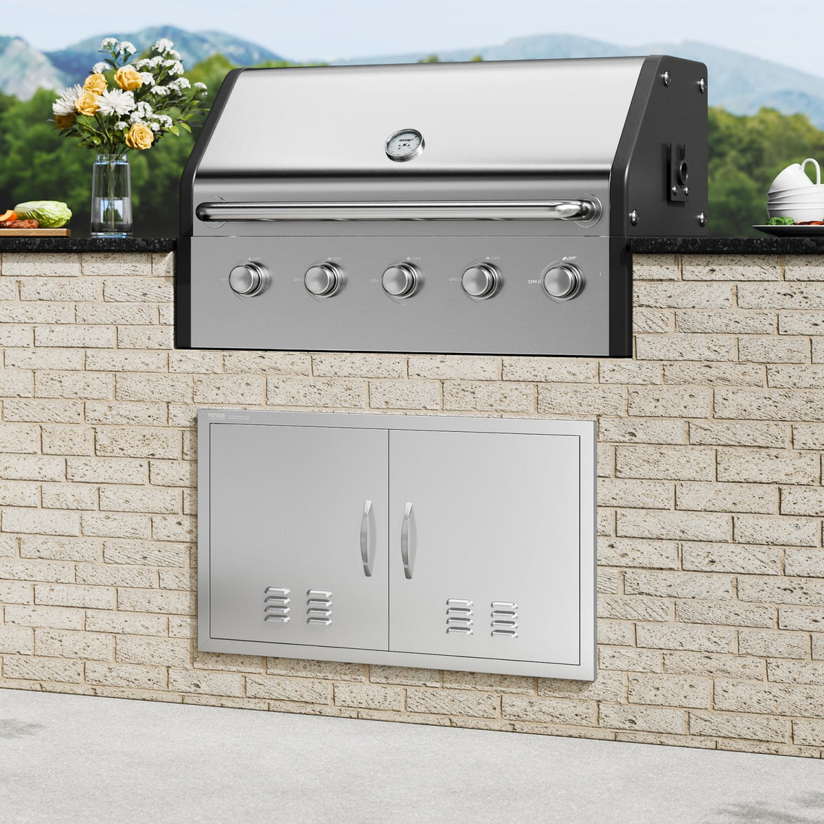VEVOR BBQ Access Door, 914 x 534 mm, Stainless Steel, Double Door with Handles and Vents, for Outdoor Cabinet and Grill Station