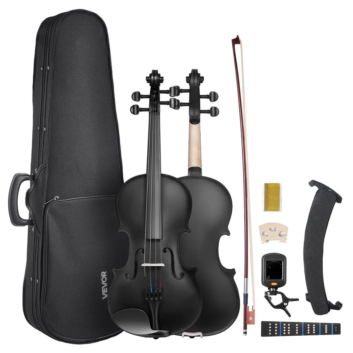 VEVOR Violin 4/4 355 mm Solid Wood Beginner Set with Case and Rosin, Black