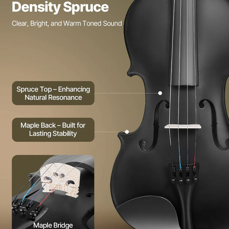 VEVOR 4/4 izmēra vijole 355 mm, masīvkoka komplekts iesācējiem ar futlāri un sveķiem, melna