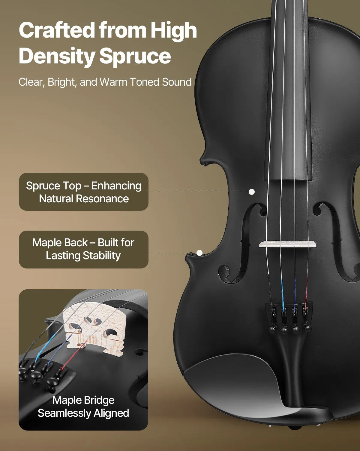 VEVOR Violin 4/4 355 mm Solid Wood Beginner Set with Case and Rosin, Black