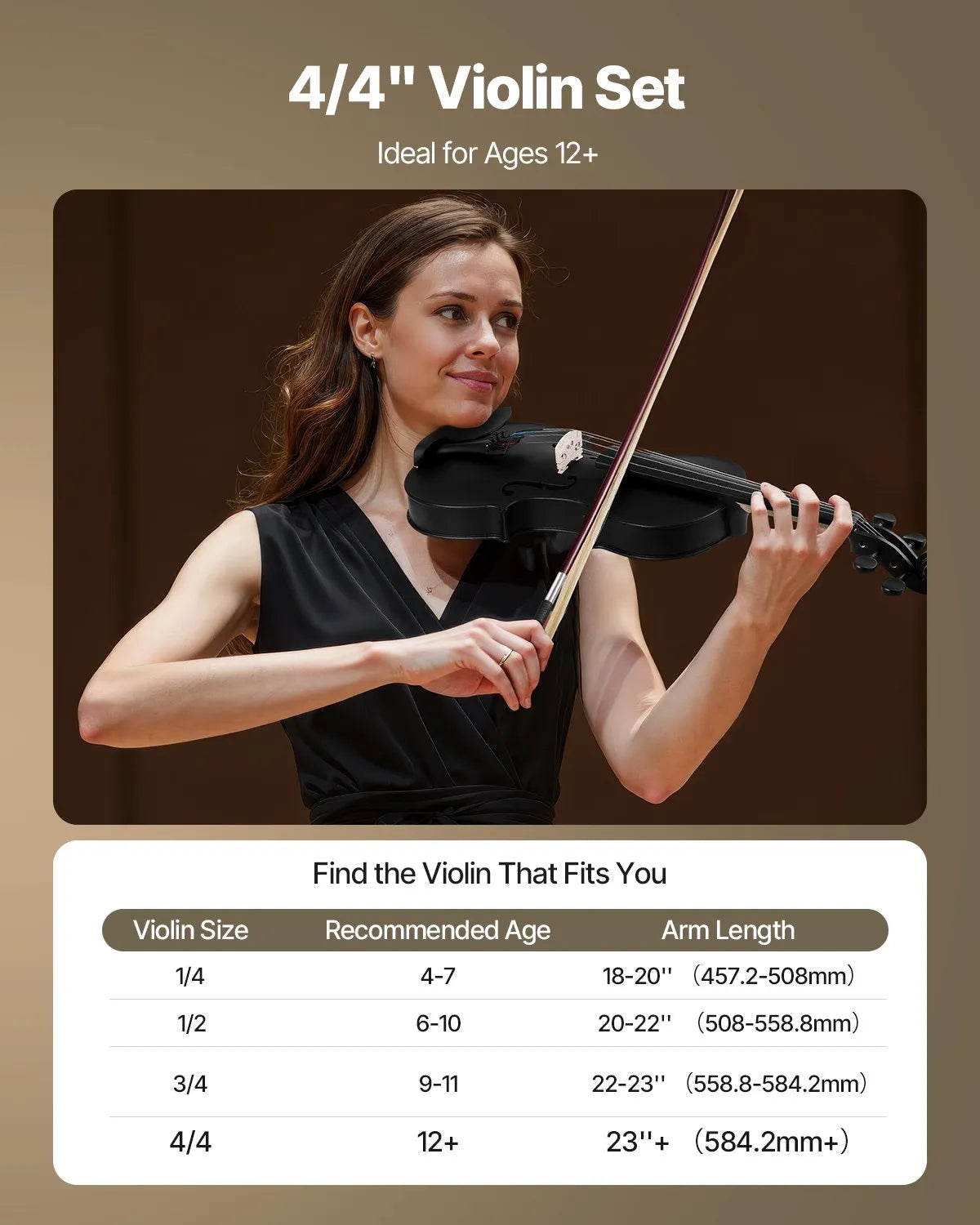 VEVOR Violin 4/4 355 mm Solid Wood Beginner Set with Case and Rosin, Black