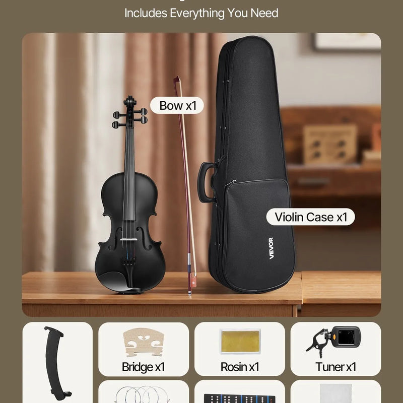 VEVOR 4/4 izmēra vijole 355 mm, masīvkoka komplekts iesācējiem ar futlāri un sveķiem, melna