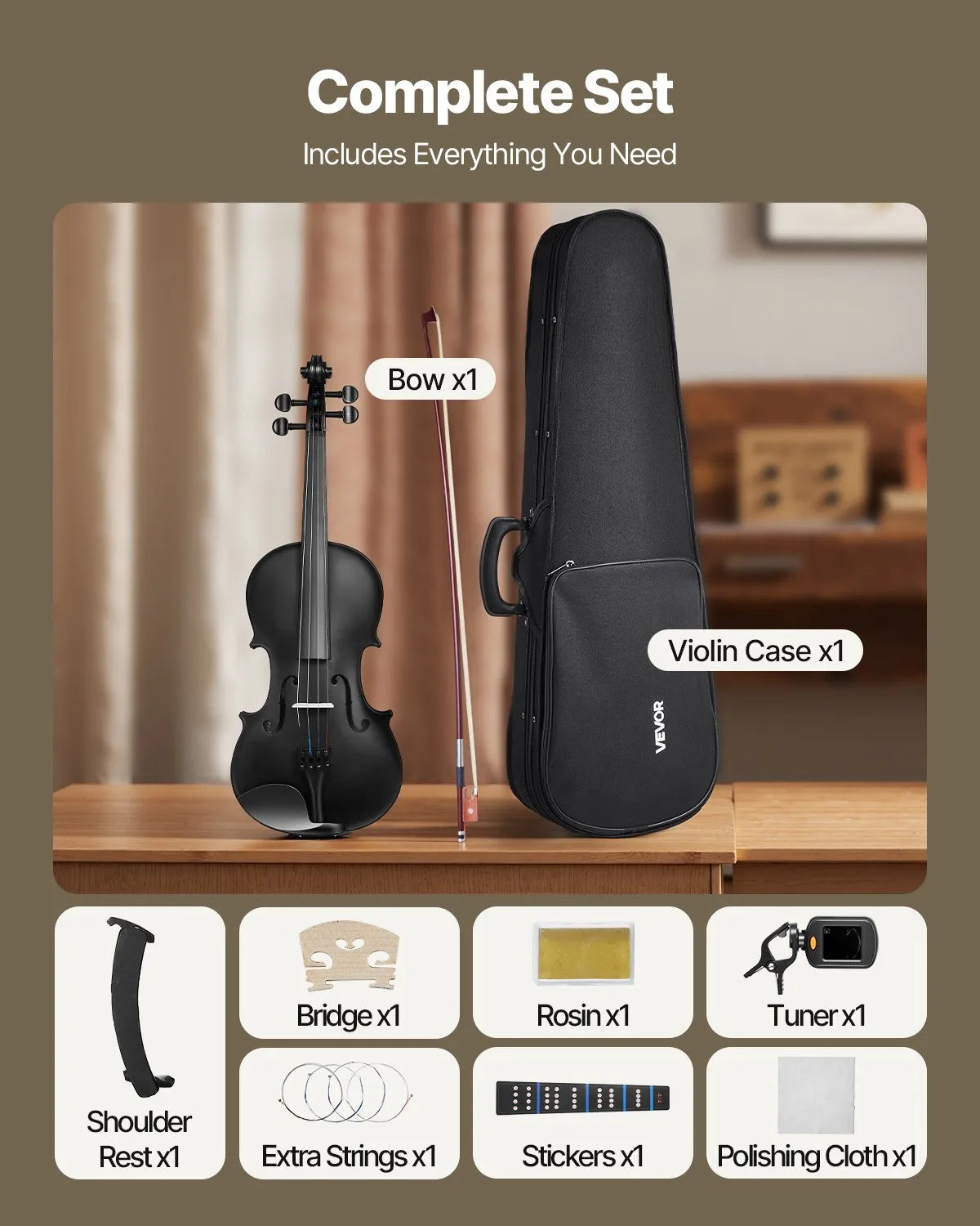VEVOR Violin 4/4 355 mm Solid Wood Beginner Set with Case and Rosin, Black
