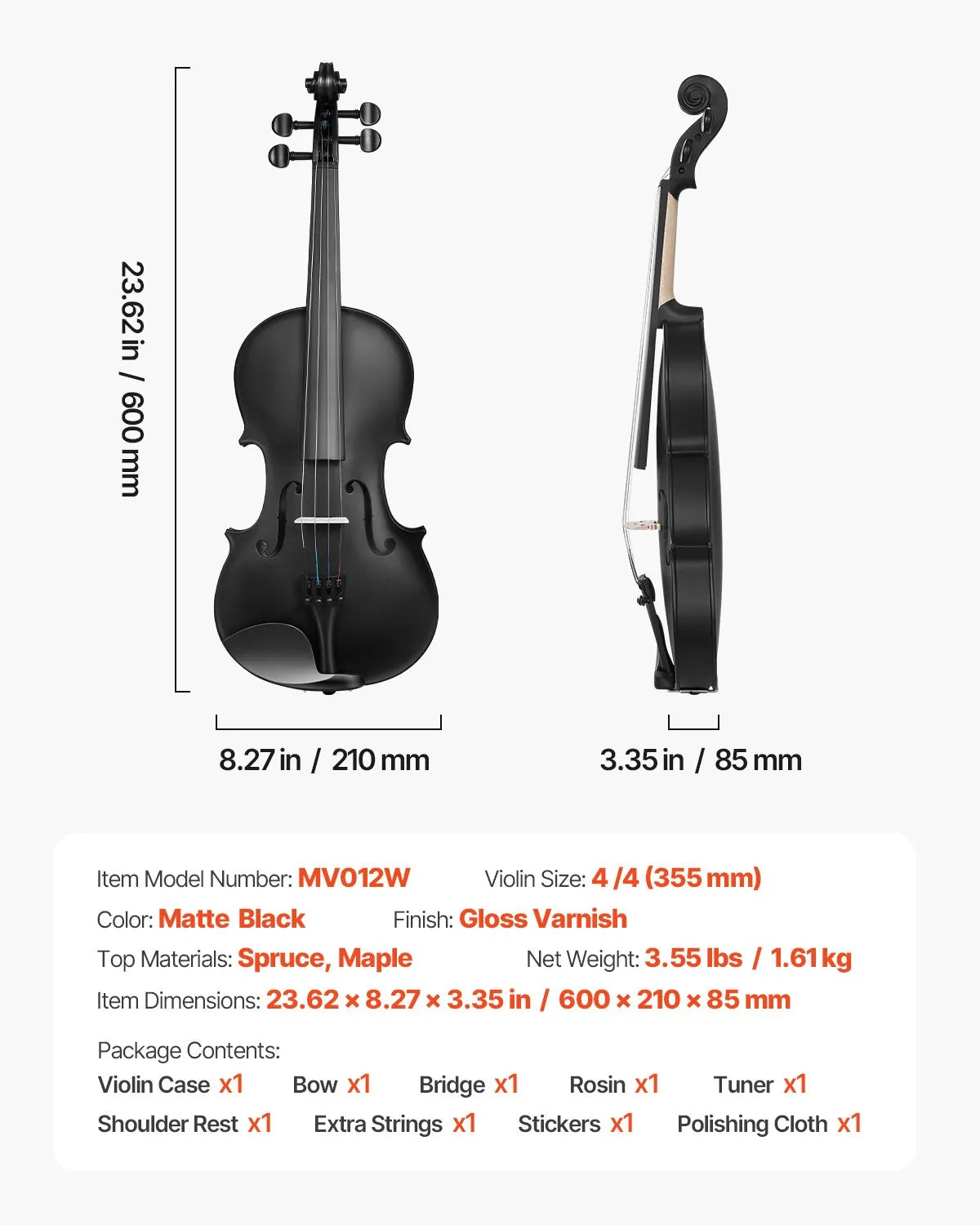 VEVOR Violin 4/4 355 mm Solid Wood Beginner Set with Case and Rosin, Black