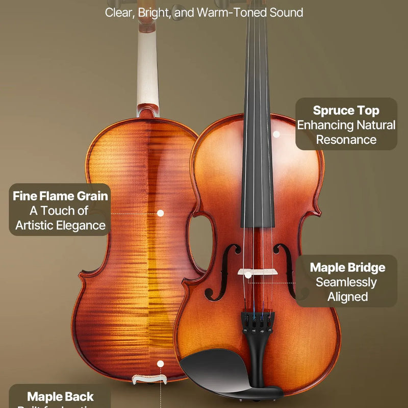 VEVOR 4/4 vijole 355 mm, masīvkoka komplekts iesācējiem, brūns glancēts rakstains dizains