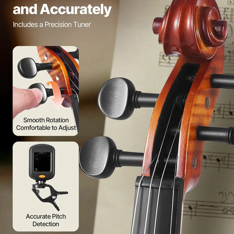 VEVOR 4/4 vijole 355 mm, masīvkoka komplekts iesācējiem, brūns glancēts rakstains dizains
