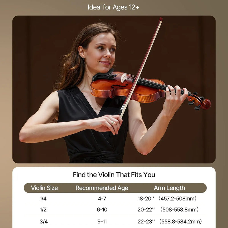 VEVOR 4/4 vijole 355 mm, masīvkoka komplekts iesācējiem, brūns glancēts rakstains dizains