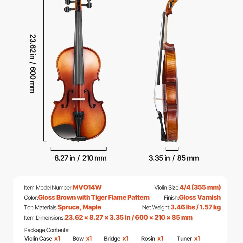 VEVOR 4/4 vijole 355 mm, masīvkoka komplekts iesācējiem, brūns glancēts rakstains dizains