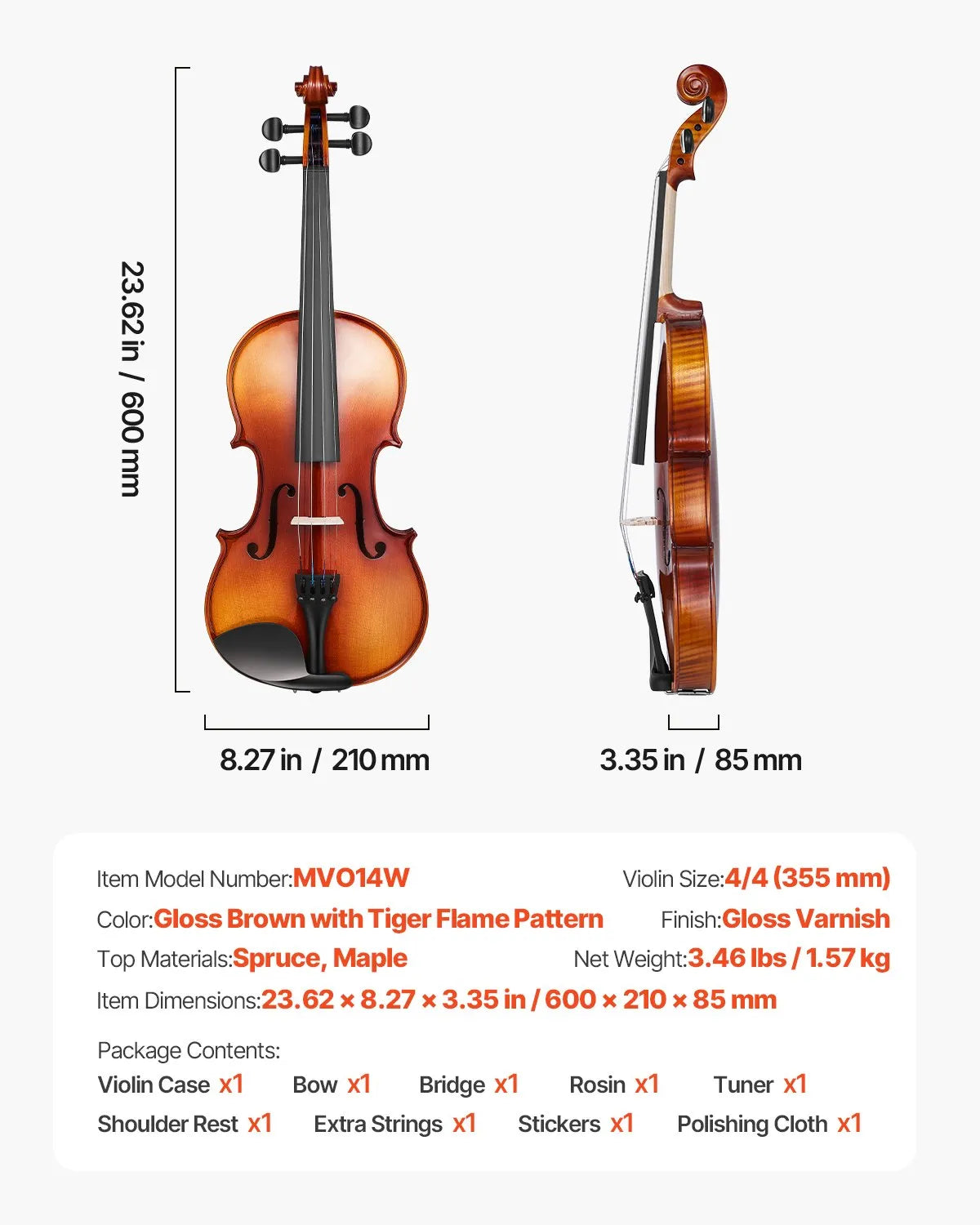 VEVOR vijole 4/4 355 mm, masīvkoka iesācēju komplekts, brūna glancēta ar rakstu