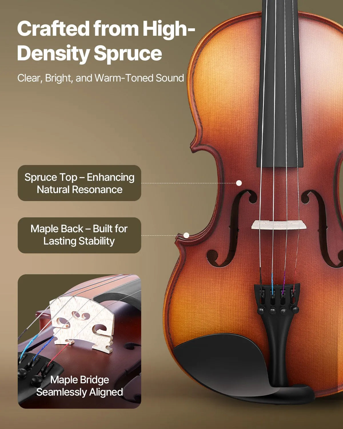 VEVOR Violin 4/4 355 mm Solid Wood Beginner Set Matte Brown