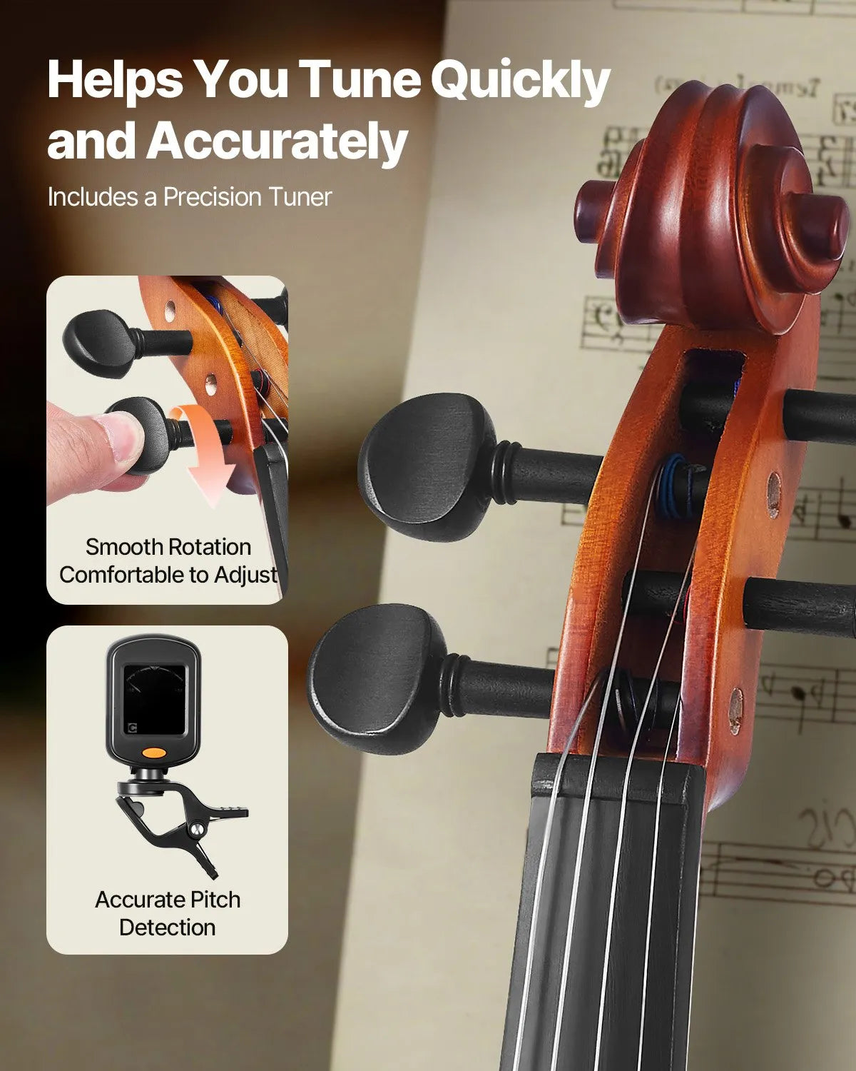 VEVOR Violin 4/4 355 mm Solid Wood Beginner Set Matte Brown