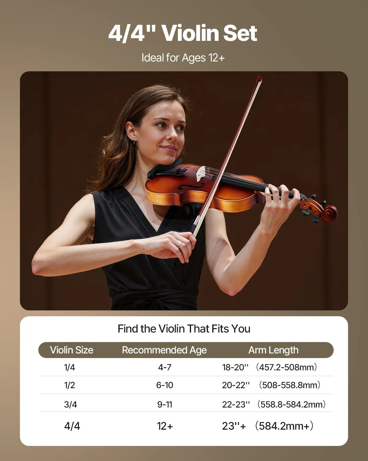VEVOR Violin 4/4 355 mm Solid Wood Beginner Set Matte Brown
