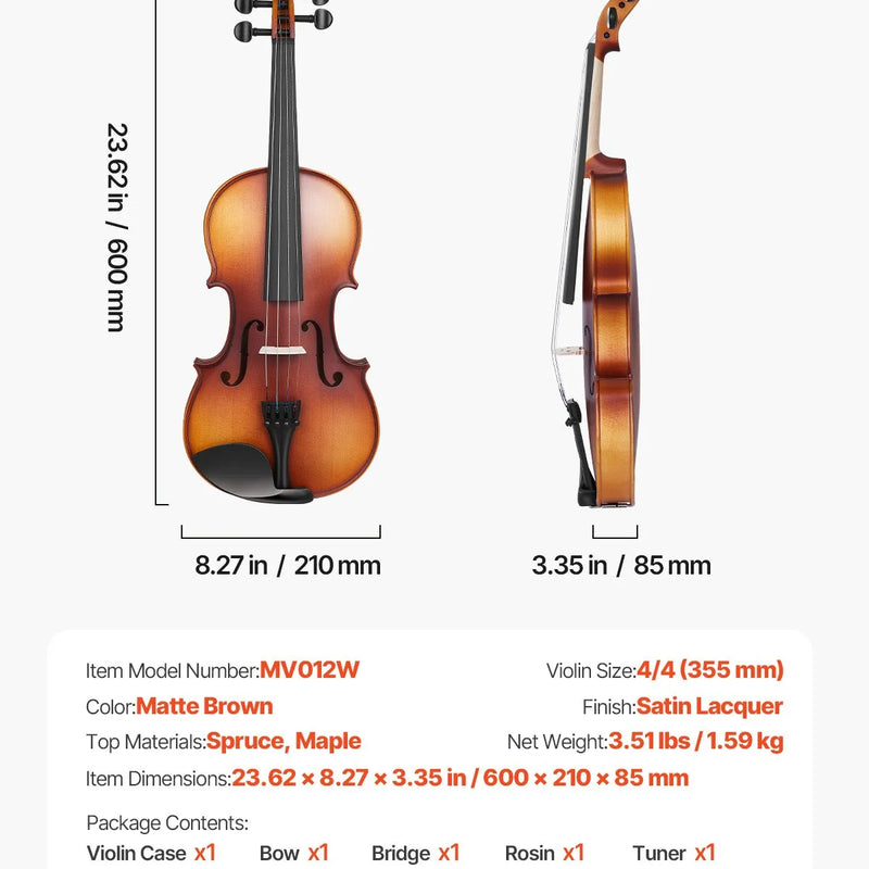 VEVOR 4/4 vijole, 355 mm pilna izmēra komplekts no masīvkoka, iesācējiem, matēti brūna