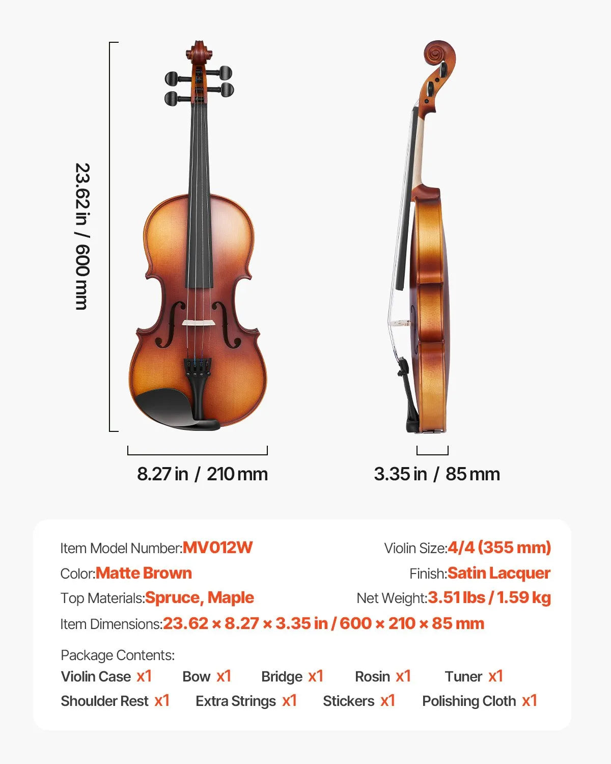 VEVOR Violin 4/4 355 mm Solid Wood Beginner Set Matte Brown