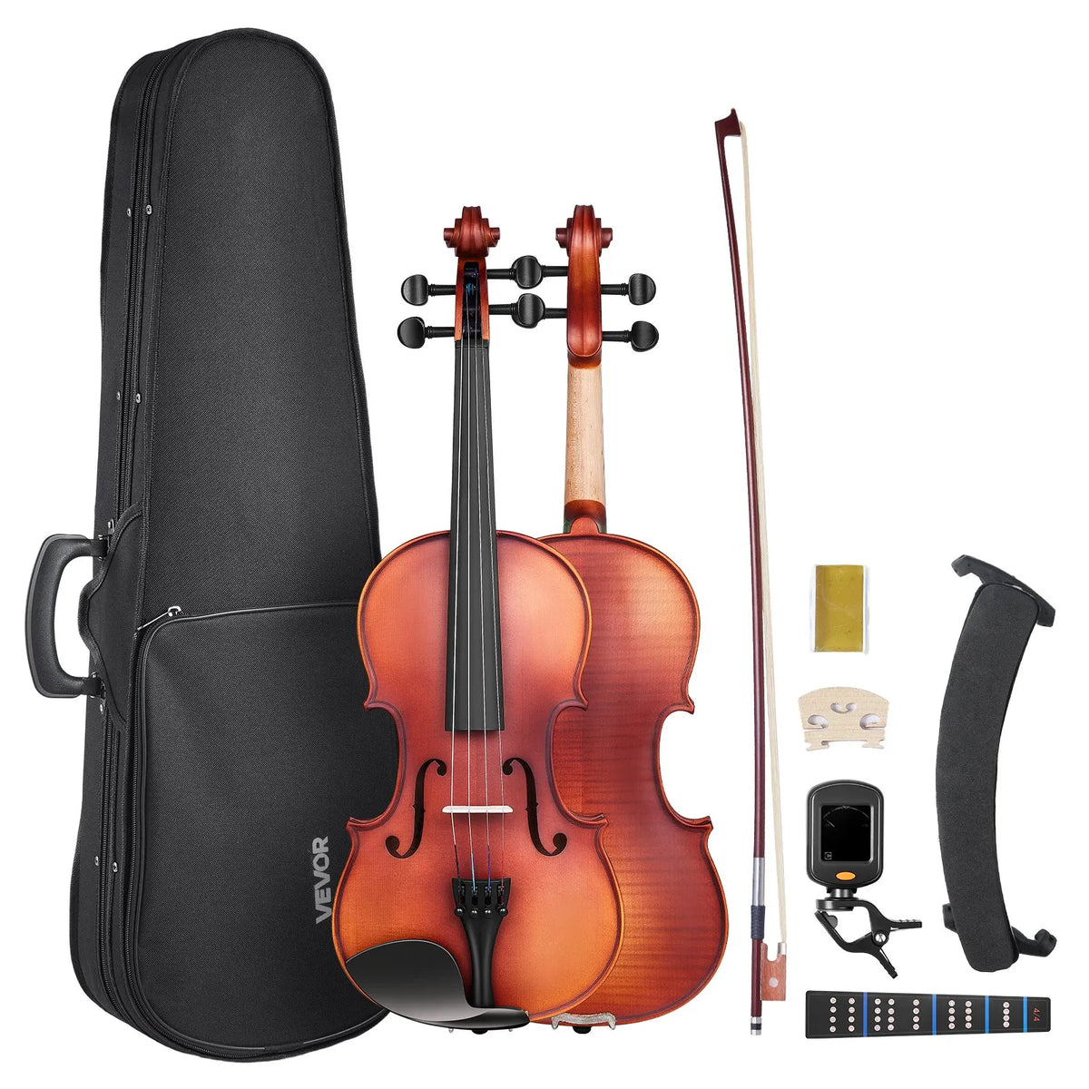 VEVOR Violin 4/4 355 mm Solid Wood Beginner Set Matte Brown with Ornament