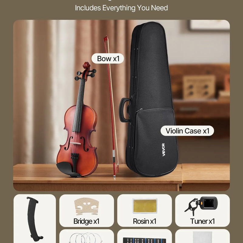 VEVOR 4/4 vijole, 355 mm pilna izmēra komplekts no masīvkoka, iesācējiem, matēti brūna ar ornamentētu rakstu