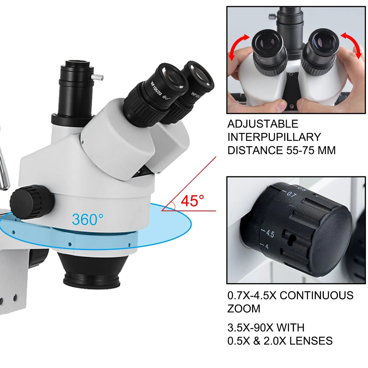 VEVOR Trinocular Stereo Microscope with Dual-Arm Boom Stand, 3.5–90× Magnification, 360° Rotating Head