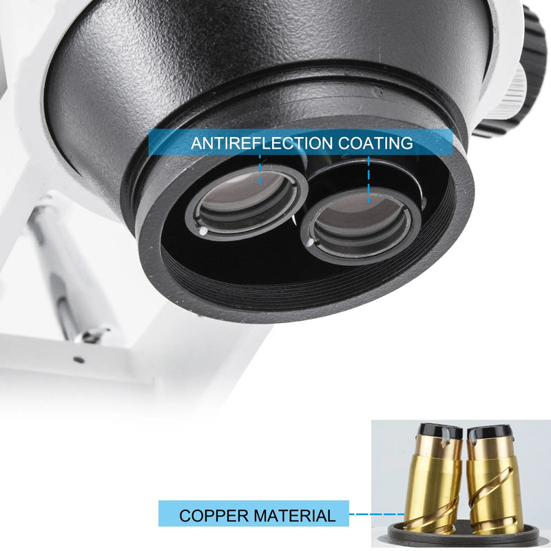 VEVOR trīnokulārais stereomikroskops ar divroku sviras statīvu, 3,5–90× palielinājums, 360° rotējoša galva