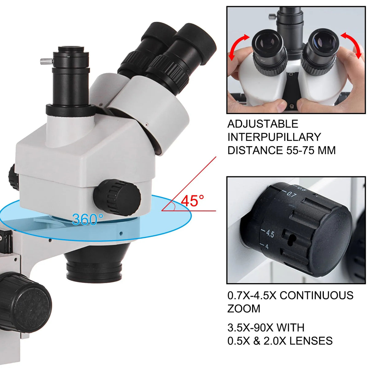 VEVOR Trinocular Stereo Microscope with Column Stand, 3.5–90× Magnification, 360° Rotating Head