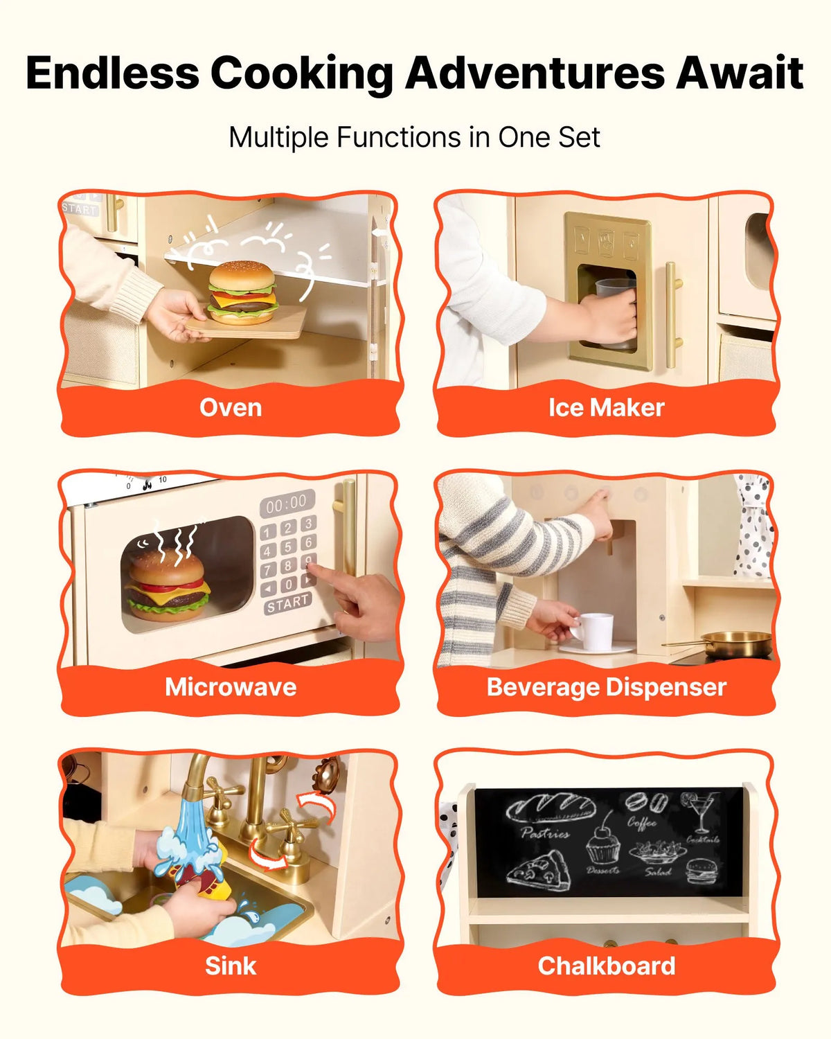 VEVOR Wooden Play Kitchen for Children 3–8 Years with Light, Sound, Ice Maker and Microwave Oven