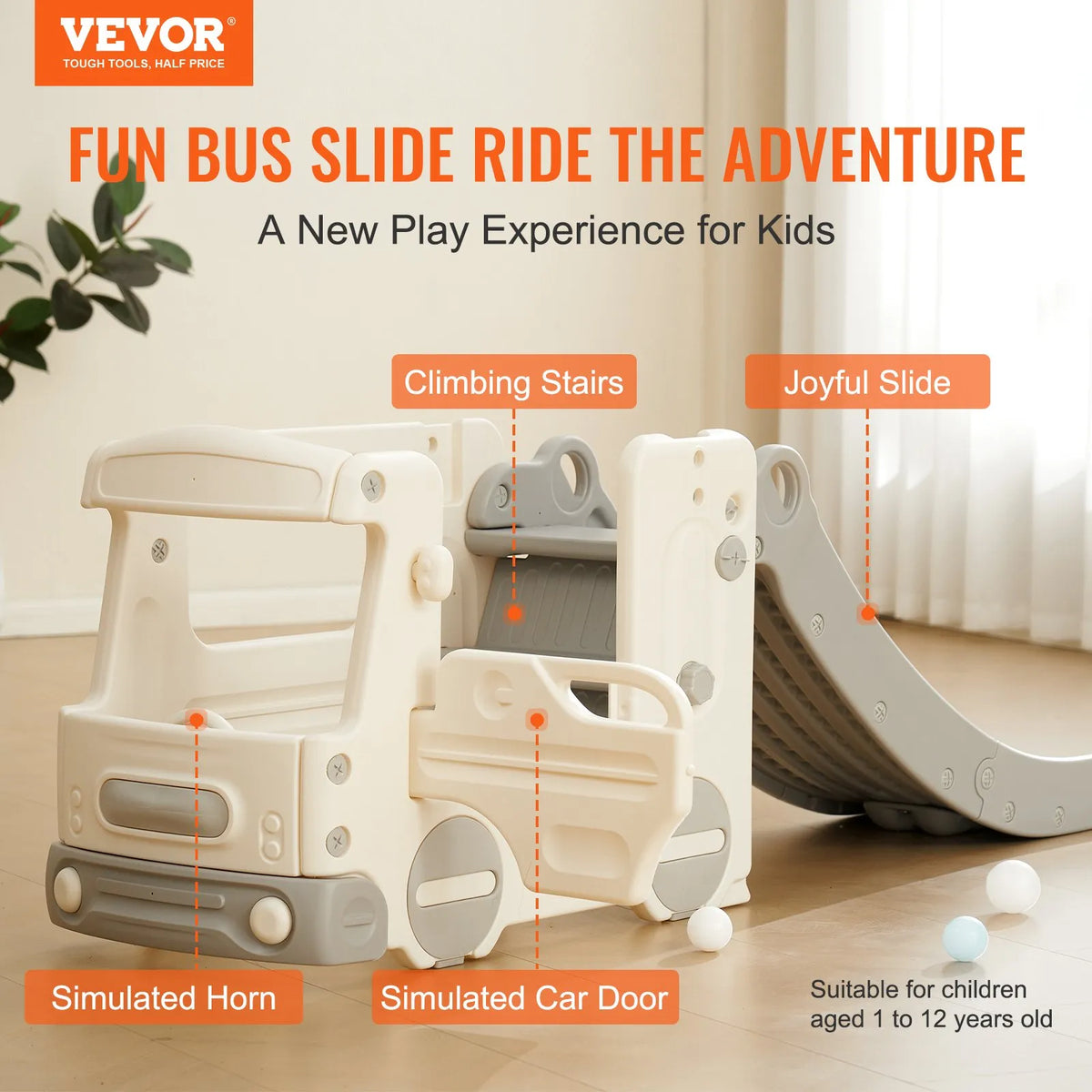 VEVOR Children's Slide 1–12 Years with Ladder and Bus Playhouse, Up to 50 kg