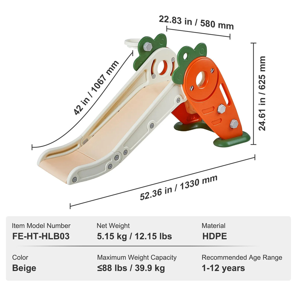 VEVOR Children's Slide 1–12 Years with Ladder and Basketball Hoop, Up to 40 kg