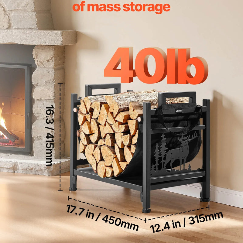 VEVOR iekštelpu malkas statīvs, 45 cm izliekts malkas turētājs ar auduma malkas somu, kravnesība līdz 18 kg, pulverkrāsota tērauda konstrukcija, malkas uzglabāšanai pie kamīna