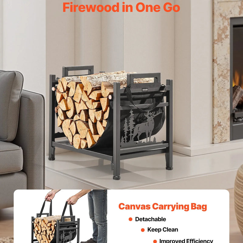 VEVOR iekštelpu malkas statīvs, 45 cm izliekts malkas turētājs ar auduma malkas somu, kravnesība līdz 18 kg, pulverkrāsota tērauda konstrukcija, malkas uzglabāšanai pie kamīna