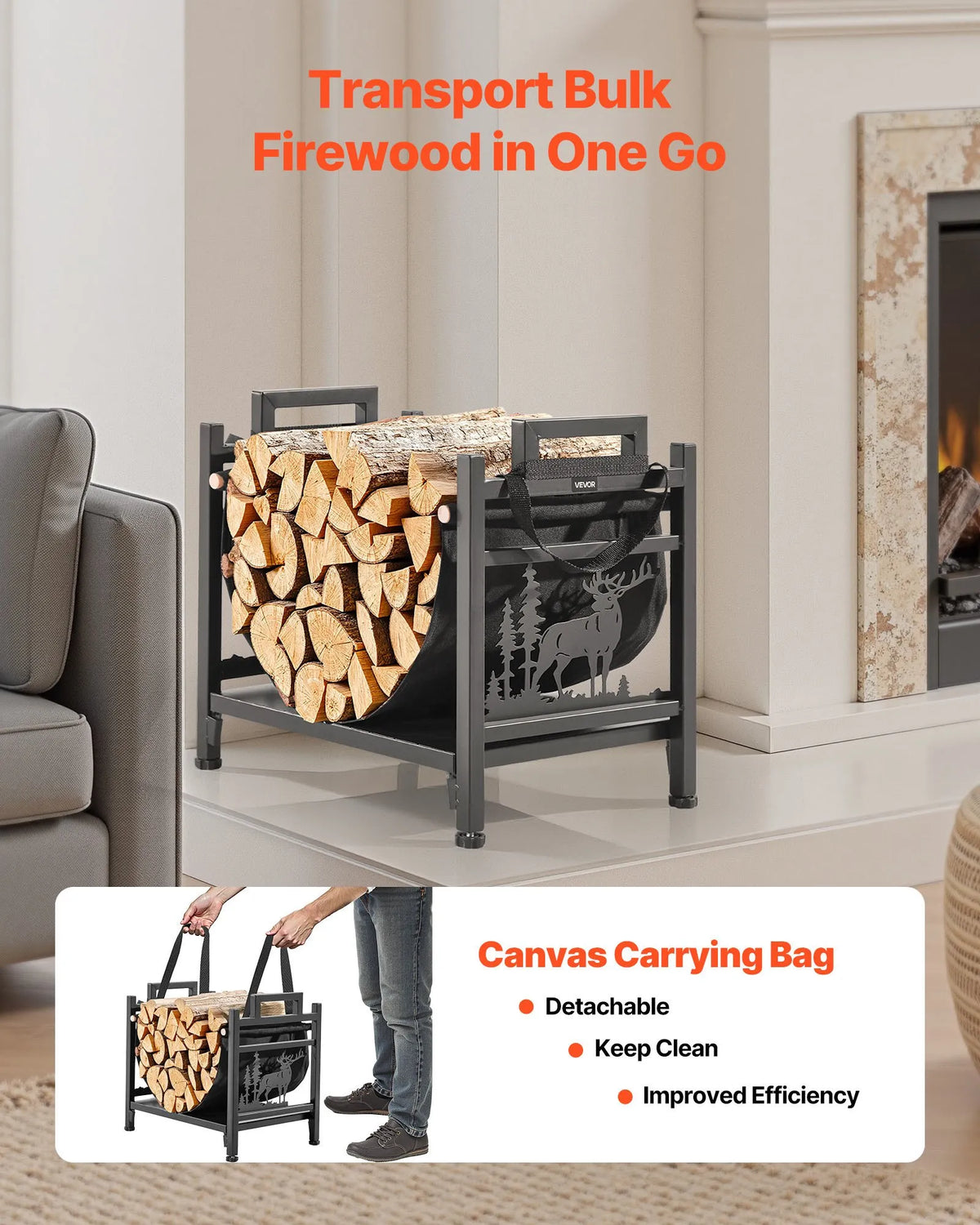 VEVOR Indoor Firewood Rack, 45 cm Curved Firewood Holder with Fabric Firewood Bag, Load Capacity up to 18 kg, Powder-Coated Steel Construction, Firewood Storage for Fireplace